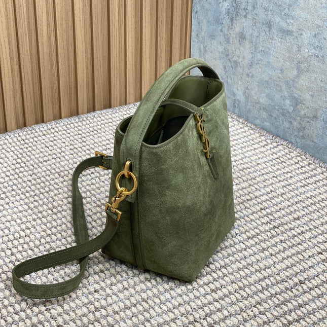 LE 37 SMALL BUCKET BAG 20 IN HUNTER GREEN SUEDE GOLD HARDWARE