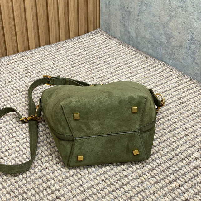 LE 37 SMALL BUCKET BAG 20 IN HUNTER GREEN SUEDE GOLD HARDWARE
