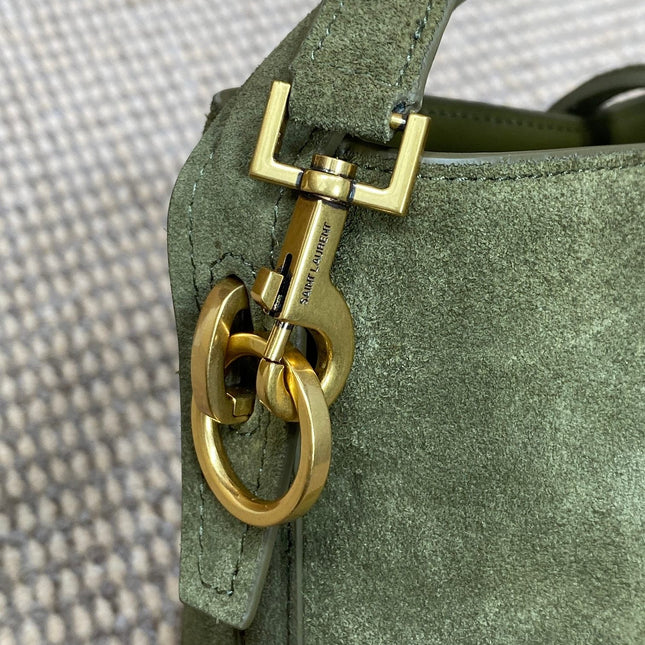 LE 37 SMALL BUCKET BAG 20 IN HUNTER GREEN SUEDE GOLD HARDWARE
