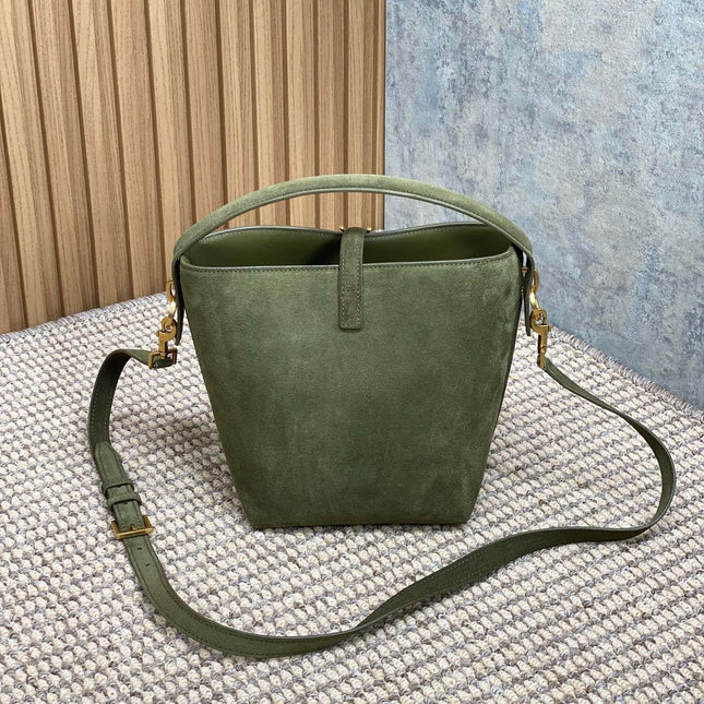 LE 37 SMALL BUCKET BAG 20 IN HUNTER GREEN SUEDE GOLD HARDWARE