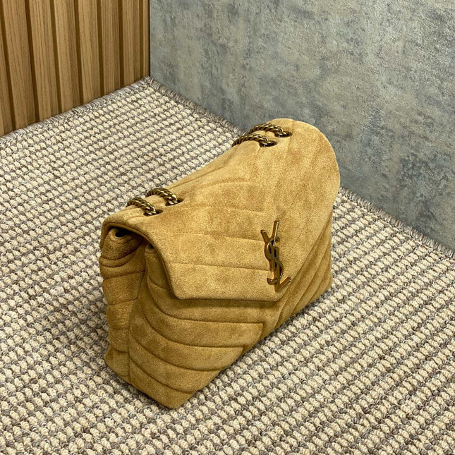 LOULOU SMALL 25 IN PEANUT BROWN SUEDE COPPER HARDWARE