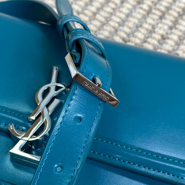 SOLFERINO SMALL SATCHEL 23 IN CERULEAN BLUE CALFSKIN GOLD HARDWARE