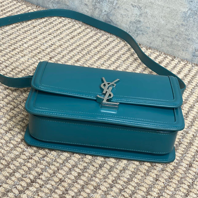 SOLFERINO SMALL SATCHEL 23 IN CERULEAN BLUE CALFSKIN GOLD HARDWARE