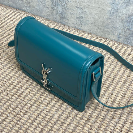 SOLFERINO SMALL SATCHEL 23 IN CERULEAN BLUE CALFSKIN GOLD HARDWARE