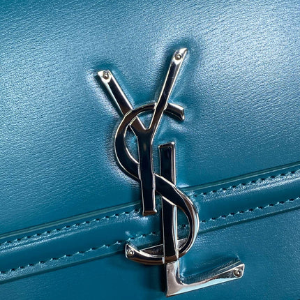 SOLFERINO SMALL SATCHEL 23 IN CERULEAN BLUE CALFSKIN GOLD HARDWARE