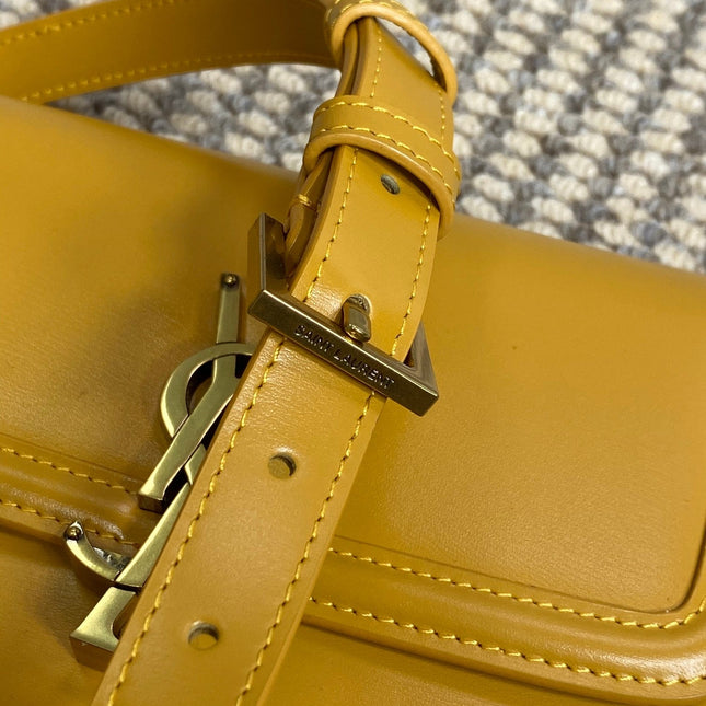 SOLFERINO SMALL SATCHEL 19 IN SAFFRON YELLOW CALFSKIN GOLD HARDWARE