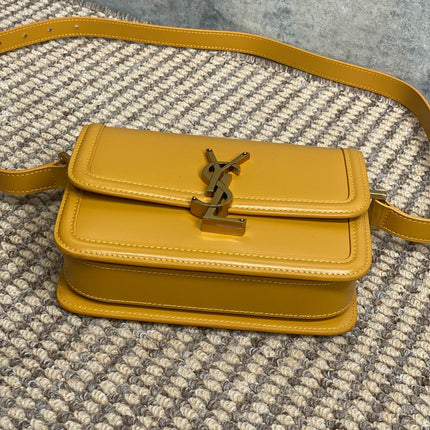 SOLFERINO SMALL SATCHEL 19 IN SAFFRON YELLOW CALFSKIN GOLD HARDWARE