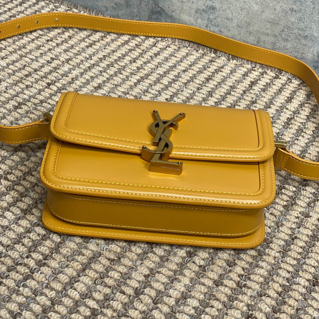 SOLFERINO SMALL SATCHEL 19 IN SAFFRON YELLOW CALFSKIN GOLD HARDWARE