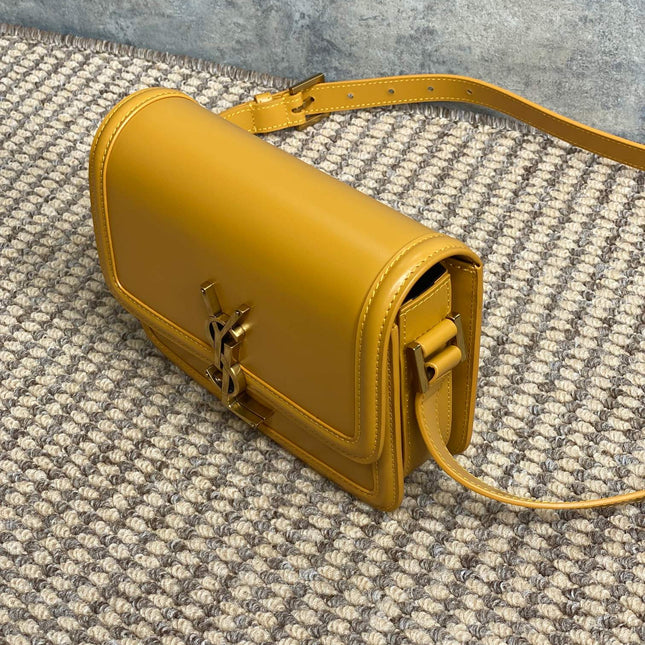 SOLFERINO SMALL SATCHEL 19 IN SAFFRON YELLOW CALFSKIN GOLD HARDWARE