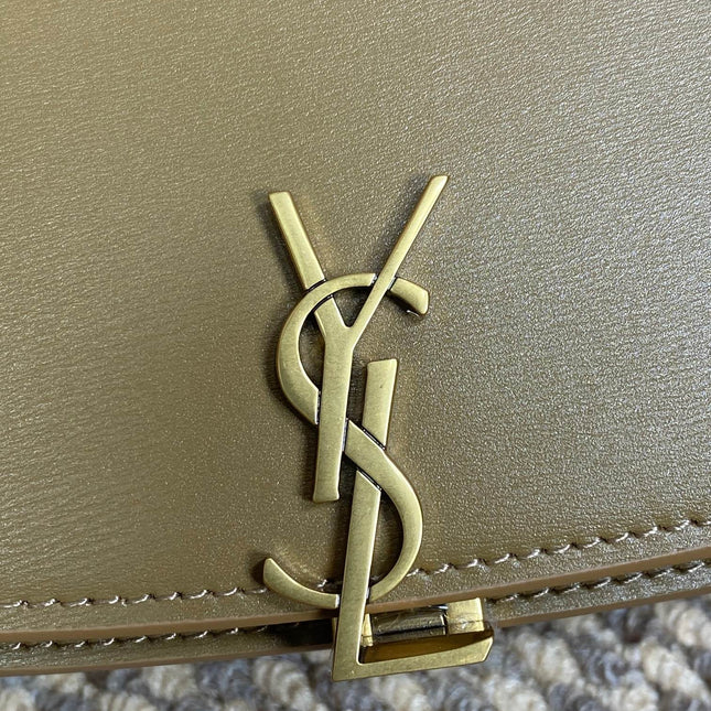 VOLTAIRE HALF-MOON SHOULDER BAG 24 IN CEDAR BROWN CALFSKIN GOLD METALLIC