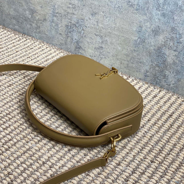 VOLTAIRE HALF-MOON SHOULDER BAG 24 IN CEDAR BROWN CALFSKIN GOLD METALLIC