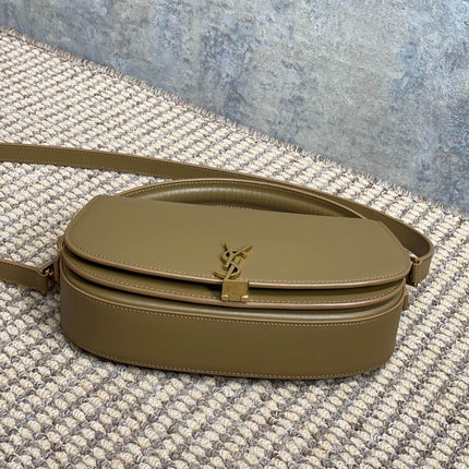 VOLTAIRE HALF-MOON SHOULDER BAG 24 IN CEDAR BROWN CALFSKIN GOLD METALLIC