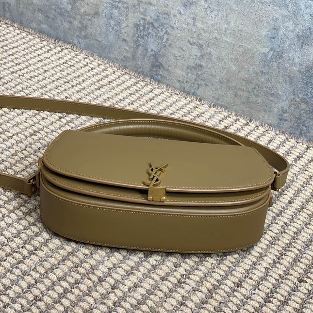 VOLTAIRE HALF-MOON SHOULDER BAG 24 IN CEDAR BROWN CALFSKIN GOLD METALLIC