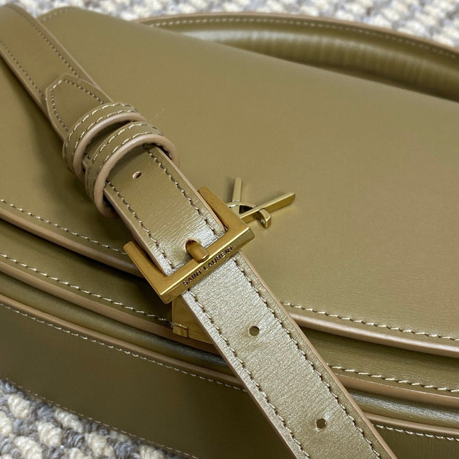 VOLTAIRE HALF-MOON SHOULDER BAG 24 IN CEDAR BROWN CALFSKIN GOLD METALLIC