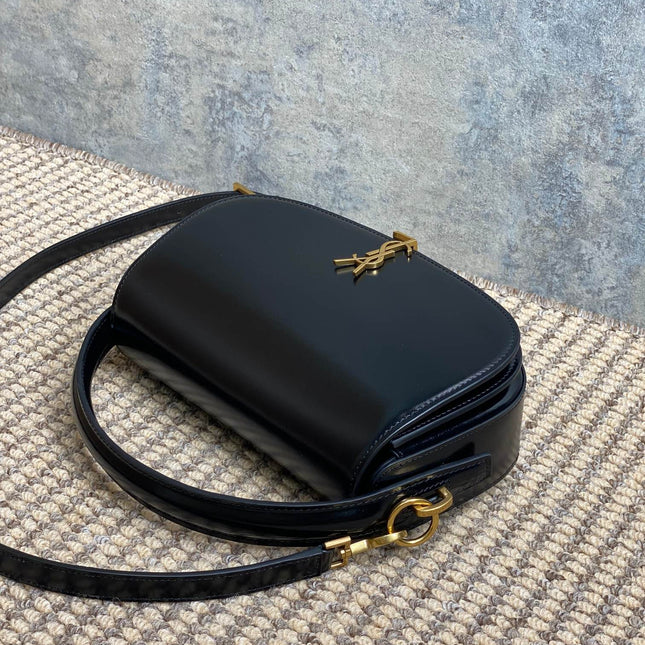 VOLTAIRE HALF-MOON SHOULDER BAG 24 IN BLACK CALFSKIN GOLD METALLIC