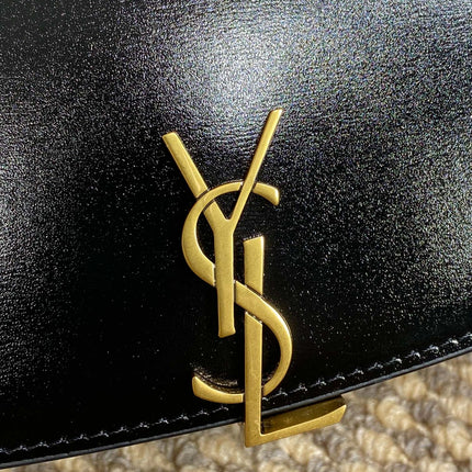 VOLTAIRE HALF-MOON SHOULDER BAG 24 IN BLACK CALFSKIN GOLD METALLIC