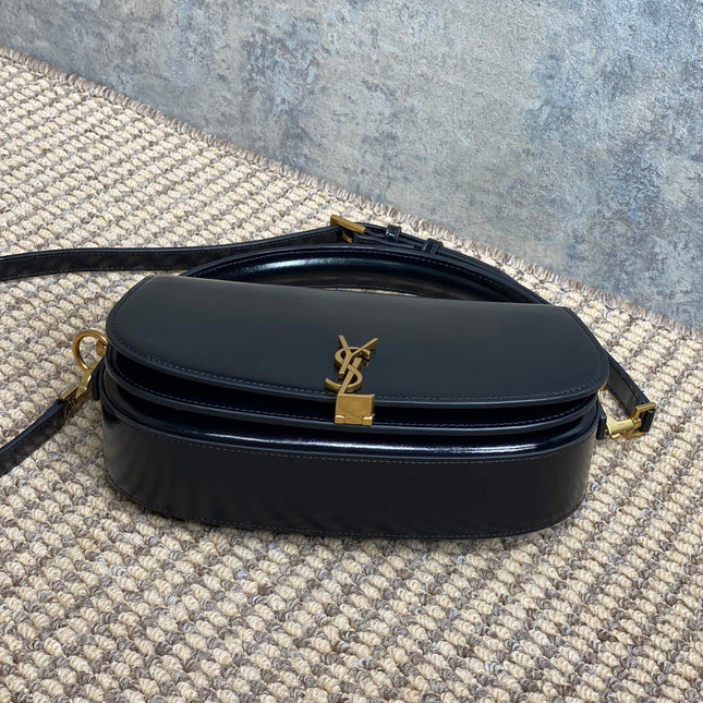 VOLTAIRE HALF-MOON SHOULDER BAG 24 IN BLACK CALFSKIN GOLD METALLIC