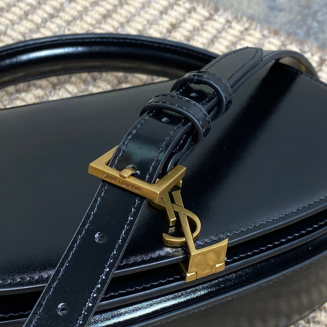 VOLTAIRE HALF-MOON SHOULDER BAG 24 IN BLACK CALFSKIN GOLD METALLIC