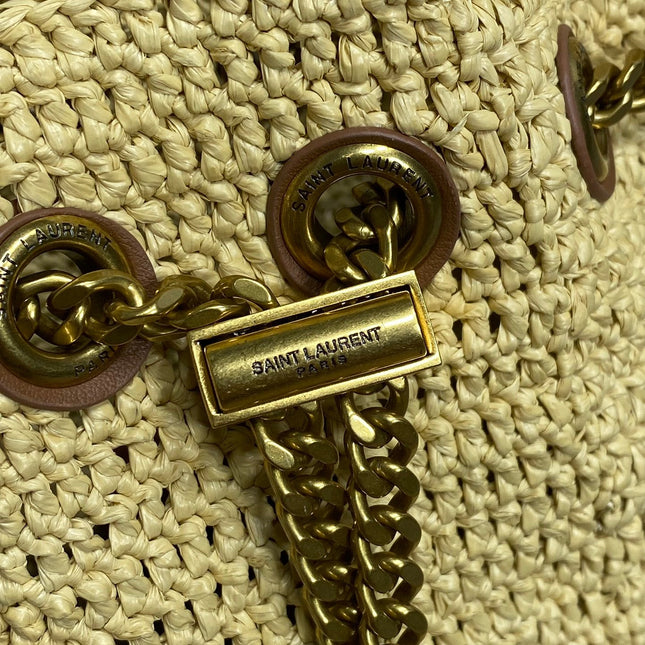 DRAWSTRING BUCKET BAG 19 IN BEIGE WOVEN RAFFIA AND CALFSKIN