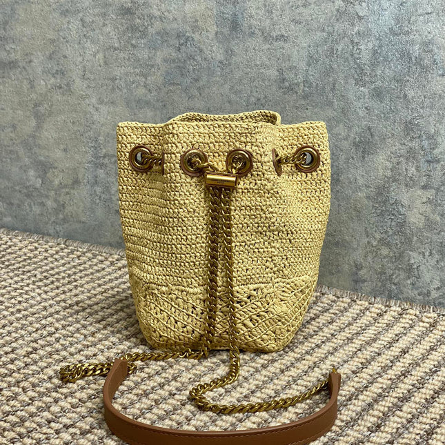 DRAWSTRING BUCKET BAG 19 IN BEIGE WOVEN RAFFIA AND CALFSKIN