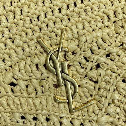 DRAWSTRING BUCKET BAG 19 IN BEIGE WOVEN RAFFIA AND CALFSKIN