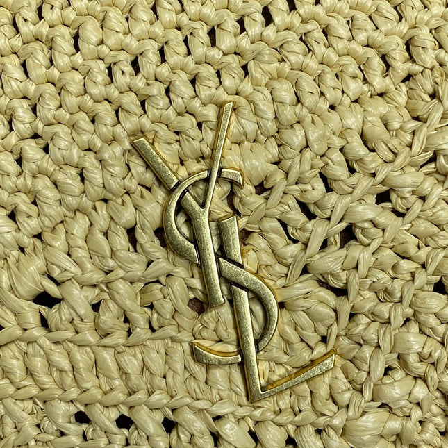 DRAWSTRING BUCKET BAG 19 IN BEIGE WOVEN RAFFIA AND CALFSKIN