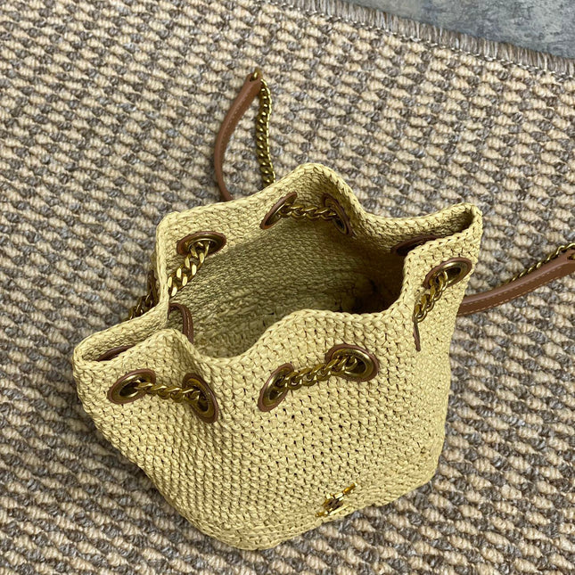 DRAWSTRING BUCKET BAG 19 IN BEIGE WOVEN RAFFIA AND CALFSKIN