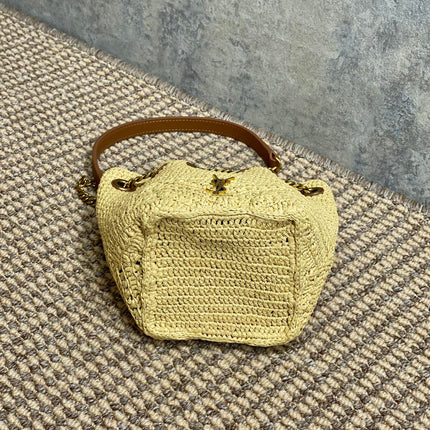 DRAWSTRING BUCKET BAG 19 IN BEIGE WOVEN RAFFIA AND CALFSKIN