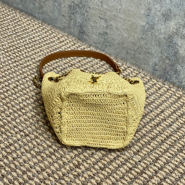 DRAWSTRING BUCKET BAG 19 IN BEIGE WOVEN RAFFIA AND CALFSKIN