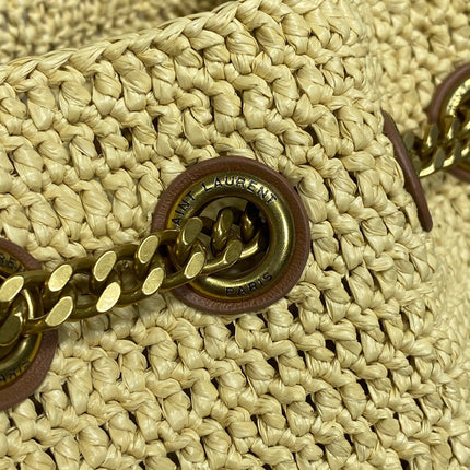 DRAWSTRING BUCKET BAG 19 IN BEIGE WOVEN RAFFIA AND CALFSKIN