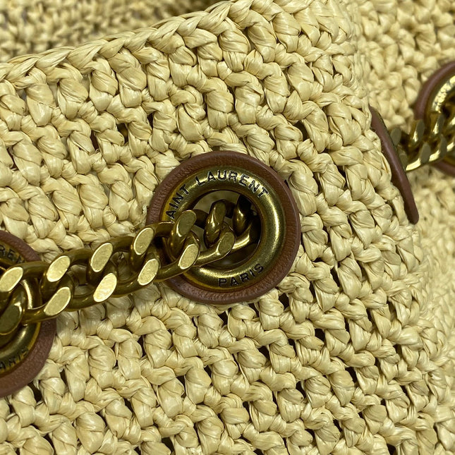 DRAWSTRING BUCKET BAG 19 IN BEIGE WOVEN RAFFIA AND CALFSKIN