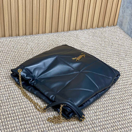 DRAWSTRING CHAIN STRAP SHOULDER BAG 39 IN NAVY BLUE QUILTED CALFSKIN