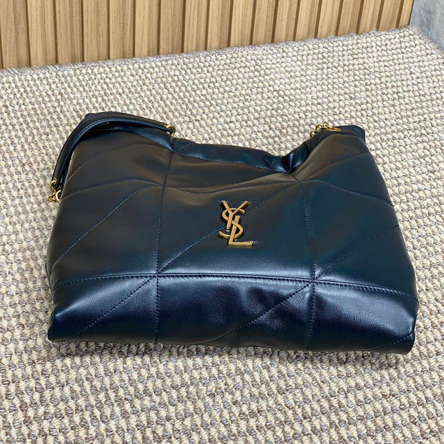 DRAWSTRING CHAIN STRAP SHOULDER BAG 39 IN NAVY BLUE QUILTED CALFSKIN