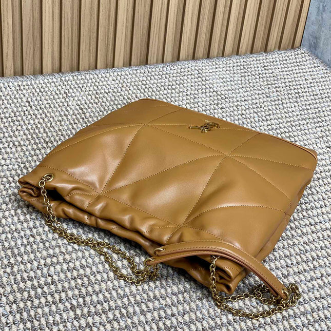 DRAWSTRING CHAIN STRAP SHOULDER BAG 39 IN TORTILLA BROWN QUILTED CALFSKIN
