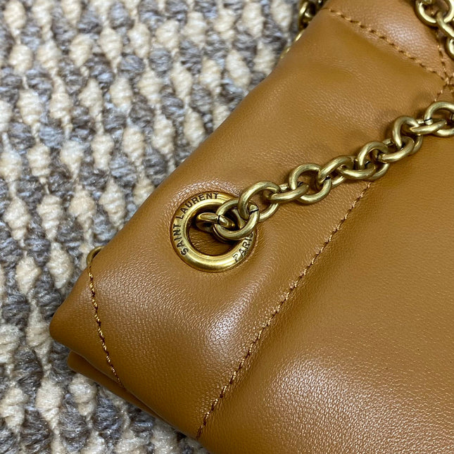 DRAWSTRING CHAIN STRAP SHOULDER BAG 39 IN TORTILLA BROWN QUILTED CALFSKIN