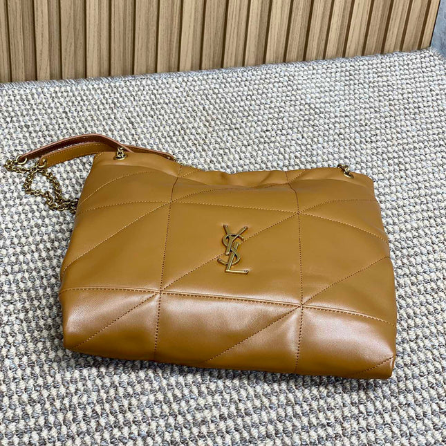 DRAWSTRING CHAIN STRAP SHOULDER BAG 39 IN TORTILLA BROWN QUILTED CALFSKIN