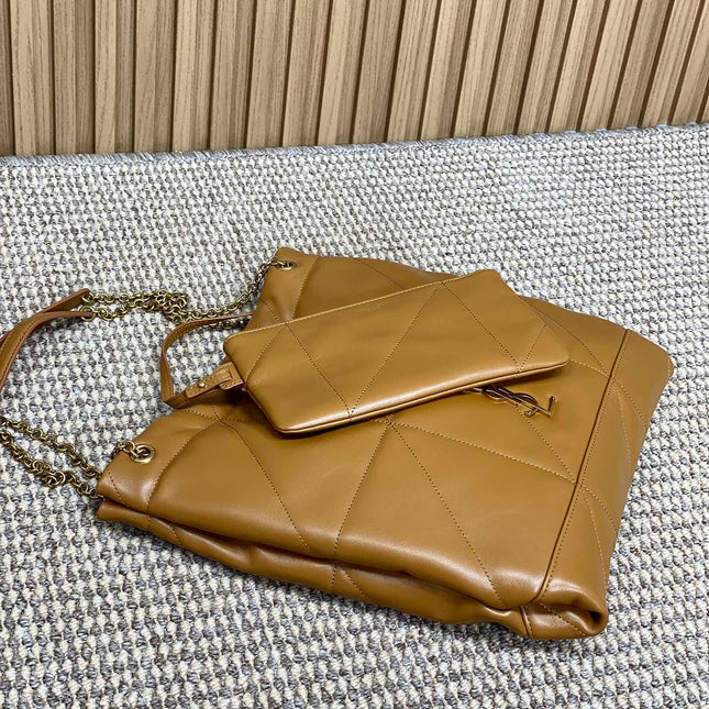 DRAWSTRING CHAIN STRAP SHOULDER BAG 39 IN TORTILLA BROWN QUILTED CALFSKIN