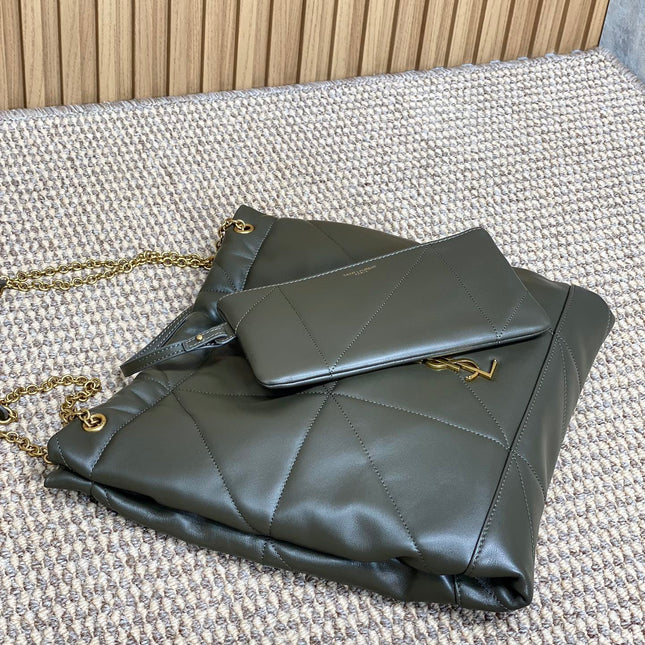 DRAWSTRING CHAIN STRAP SHOULDER BAG 39 IN DARK GREEN QUILTED CALFSKIN