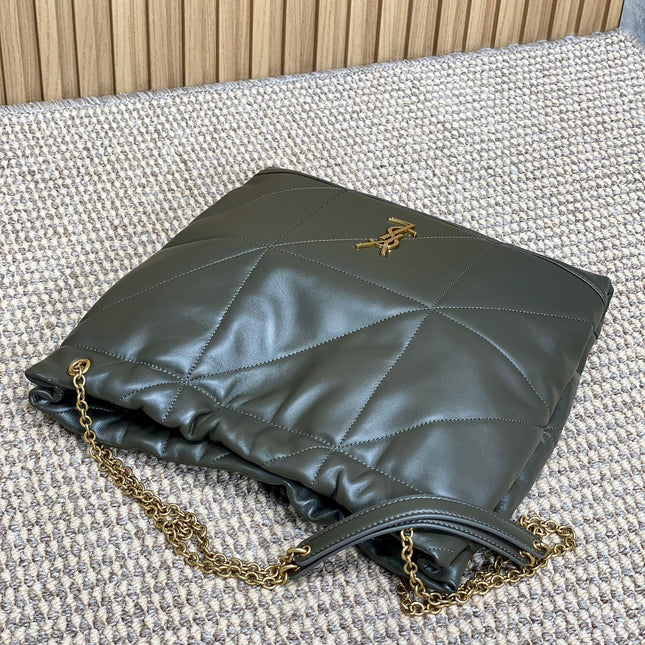 DRAWSTRING CHAIN STRAP SHOULDER BAG 39 IN DARK GREEN QUILTED CALFSKIN