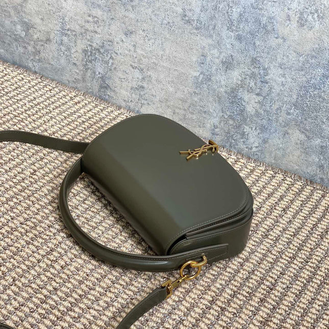 VOLTAIRE HALF-MOON SHOULDER BAG 24 IN DARK GREEN CALFSKIN GOLD METALLIC
