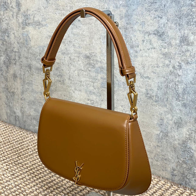 VOLTAIRE TOP HANDLE IN BOX 21 IN TAWNY BROWN CALFSKIN GOLD HARDWARE