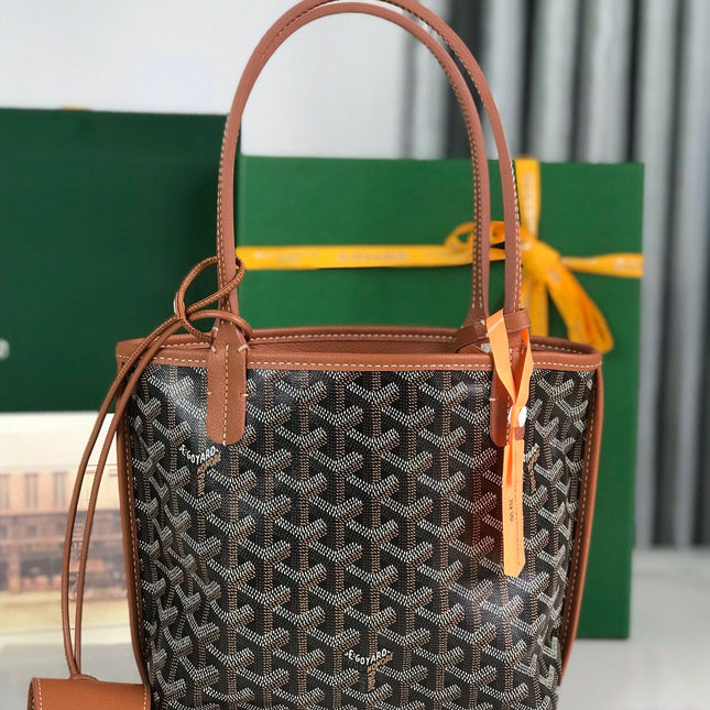 ANJOU MINI BAG 20 IN TAN CALFSKIN AND BLACK GOYARDINE CANVAS