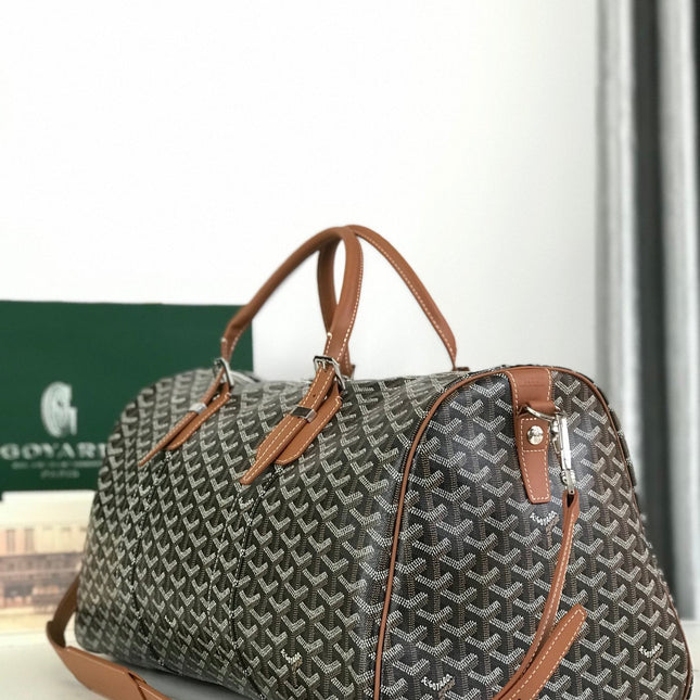 BOSTON 50 BAG IN BLACK GOYARDINE CANVAS AND TAN CALFSKIN TRIM