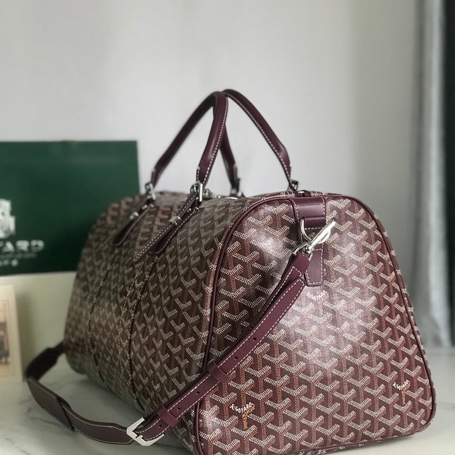 BOSTON 50 BAG IN WINE RED GOYARDINE CANVAS AND CALFSKIN TRIM