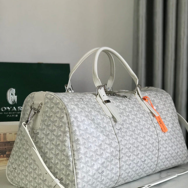 BOSTON 50 BAG IN WHITE GOYARDINE CANVAS AND CALFSKIN TRIM
