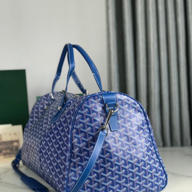 BOSTON 50 BAG IN SAPPHIRE BLUE GOYARDINE CANVAS AND CALFSKIN TRIM