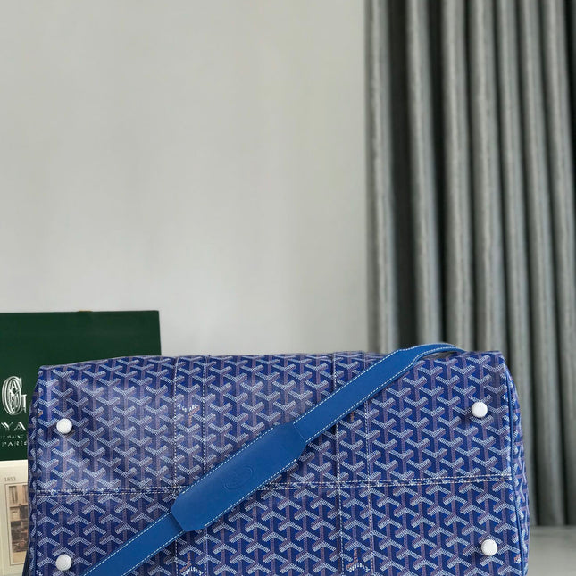 BOSTON 50 BAG IN SAPPHIRE BLUE GOYARDINE CANVAS AND CALFSKIN TRIM