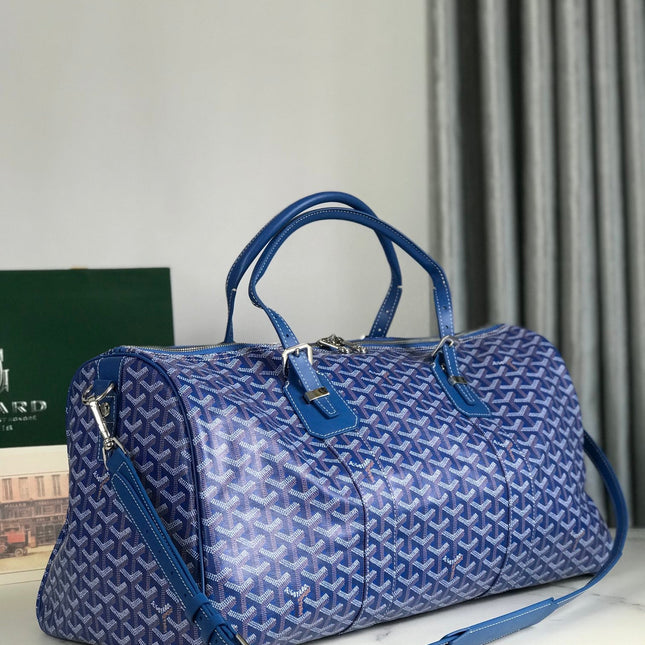 BOSTON 50 BAG IN SAPPHIRE BLUE GOYARDINE CANVAS AND CALFSKIN TRIM