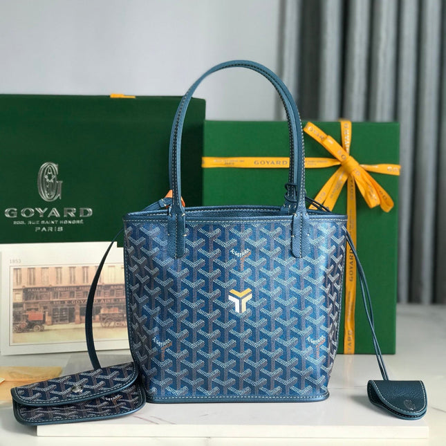 ANJOU MINI BAG 20 IN NAVY BLUE  CALFSKIN AND GOYARDINE CANVAS