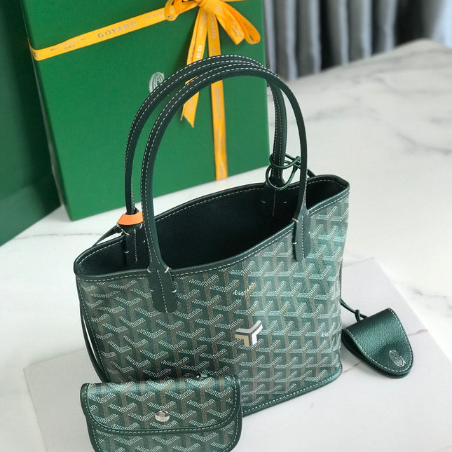 ANJOU MINI BAG 20 IN GREEN CALFSKIN AND GOYARDINE CANVAS